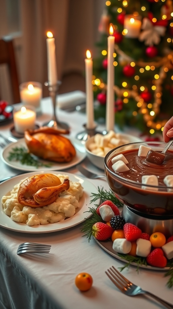 Romantic Christmas Eve Dinner for Two A romantic Christmas Eve dinner table with roasted chicken, mashed potatoes, and chocolate fondue.